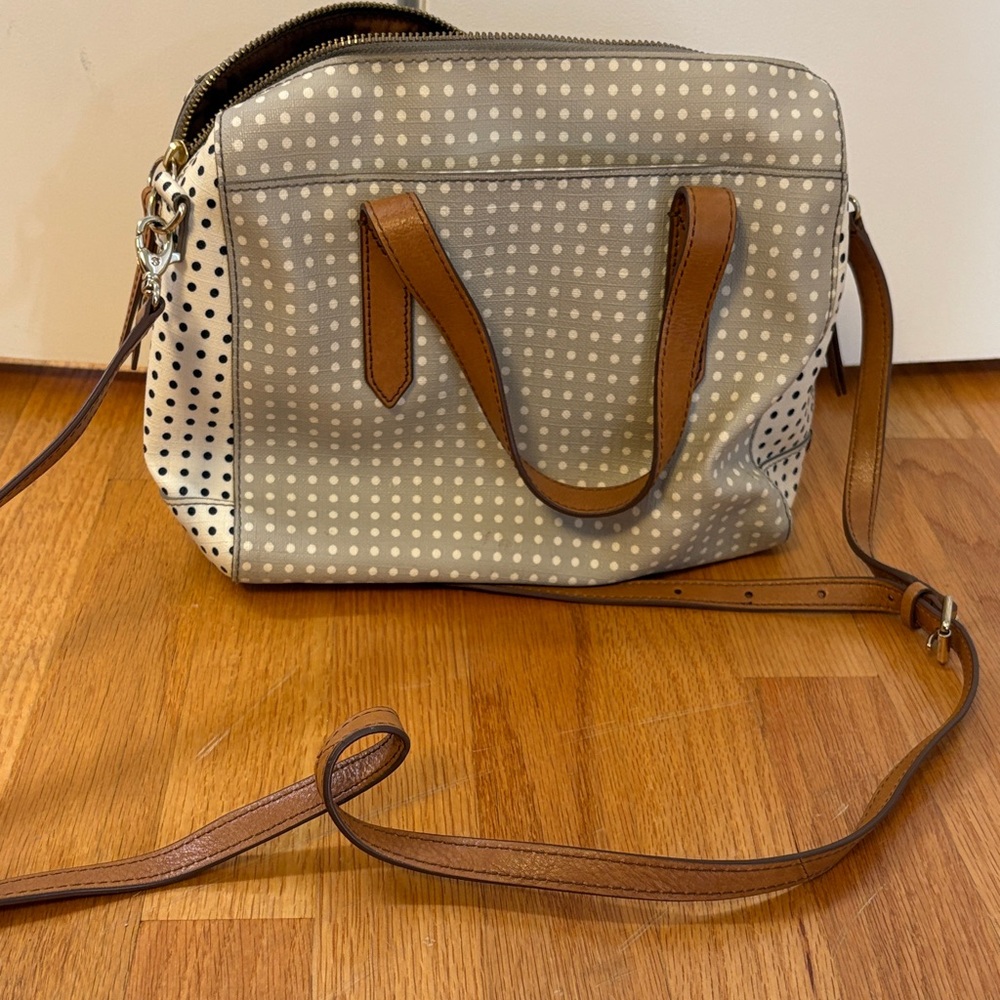 Fossil Gray and Brown Polka Dot Crossbody Bag